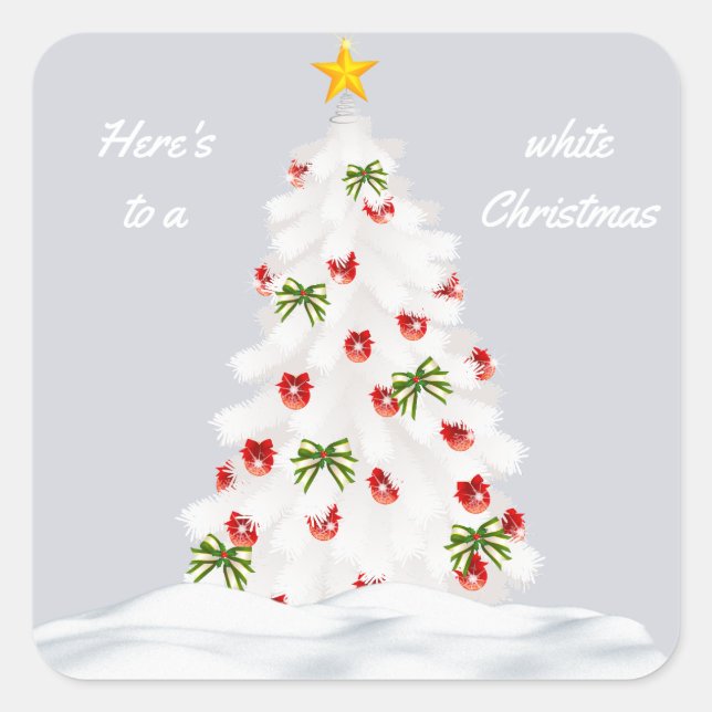 Here's To A White Christmas Tree With Red Square Sticker (Front)