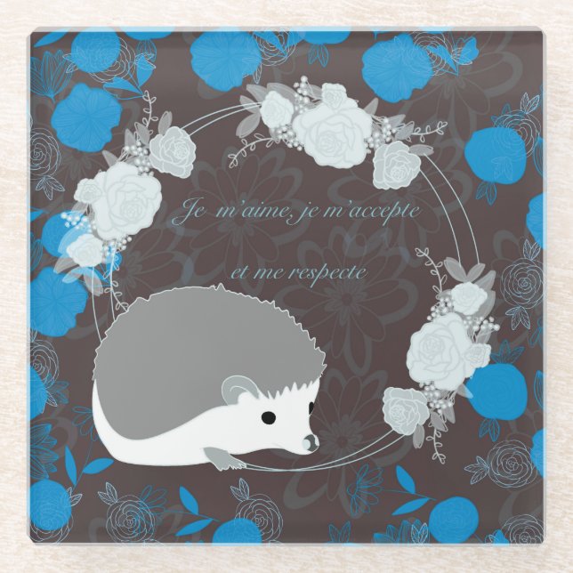 hérisson, fleur de vie, bleu, mandala,zen,chakra glass coaster (Front)