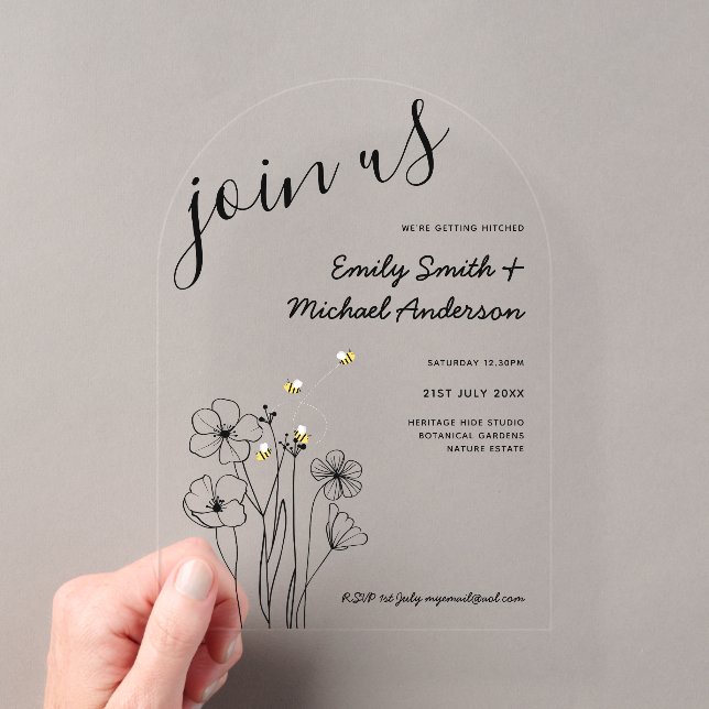 Heritage Acrylic Bee & Botanical Arch Wedding Acrylic Invitations (Insitu (Handheld))