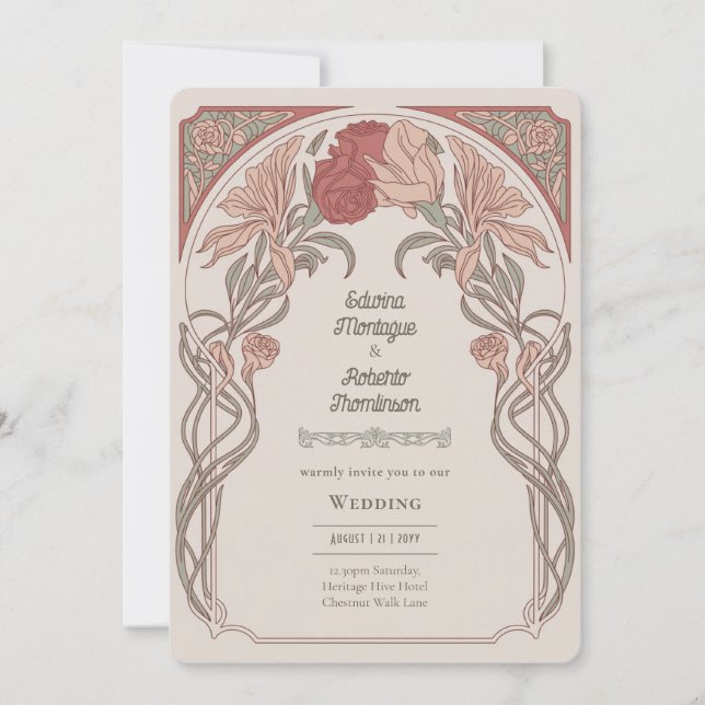 Heritage Art Nouveau Botanical Wedding Teracotta Invitation (Front)