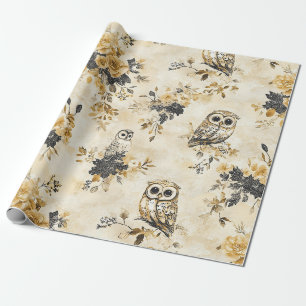 Heritage Beige Owl Botanical Floral Pattern Wrapping Paper