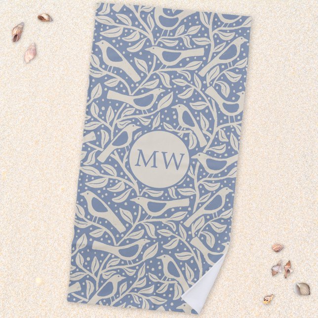 Heritage Birds Monogram Initials Beach Towel (Heritage Arts and Crafts style monogram initial personalized birds and branches beach towel)
