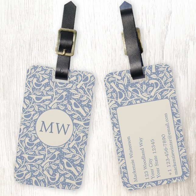 Heritage Birds Monogram Luggage Tag (Heritage Arts and Crafts style bird and branches monogram initial personalized luggage tag)