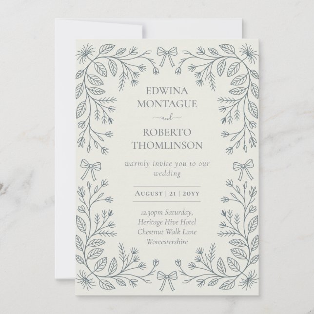 Heritage Botanical Bows Frame Elegant Wedding Invitation (Front)