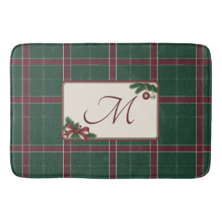 Heritage Christmas Pine Green Wine Plaid Monogram Bath Mat