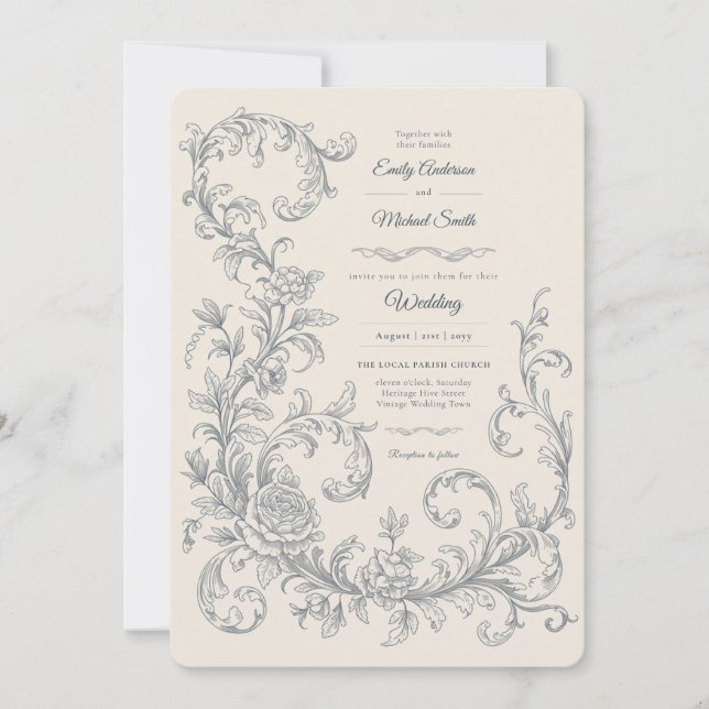 Heritage | Edwardian Blue Flora Scroll Wedding Invitation (Front)