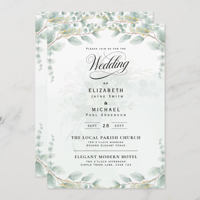 Heritage Eucalyptus Leaves Botanical RSVP Wedding Invitation (Front/Back)