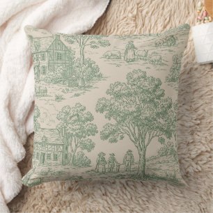 Heritage Farm Toile in Sage Green and Blue Throw Pillow