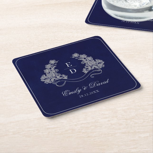 Heritage Floral Crest Navy Monogram Paper Napkin Square Paper Coaster (Angled)