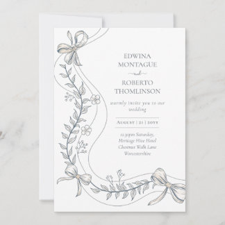 Heritage Floral Ribbon Hand Drawn Elegant Wedding Invitation