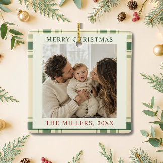 Heritage Green Plaid Family Photo Christmas Ceramic Ornament