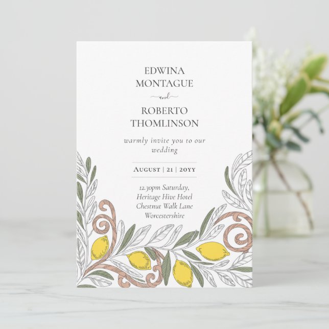 Heritage Lemon Line Art Mediterranean Wedding Invitation (Standing Front)