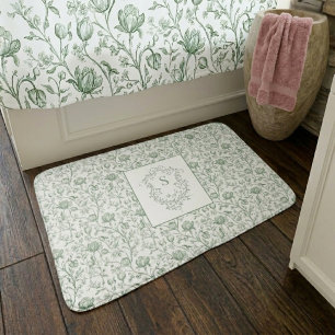 Heritage Luxury Sage French Toile Monogram Crest Bath Mat