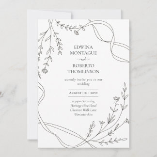 Heritage Minimal Line Art Ribbon & Wildflower Wed Invitation
