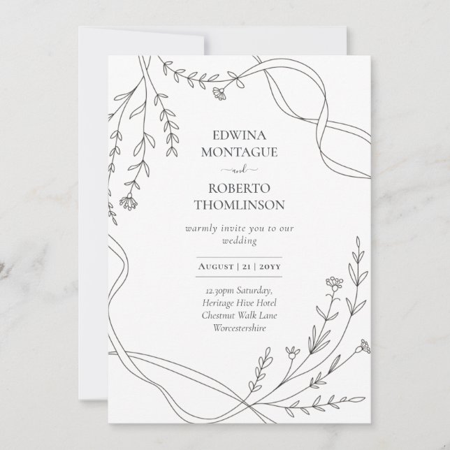 Heritage Minimal Line Art Ribbon & Wildflower Wed Invitation (Front)