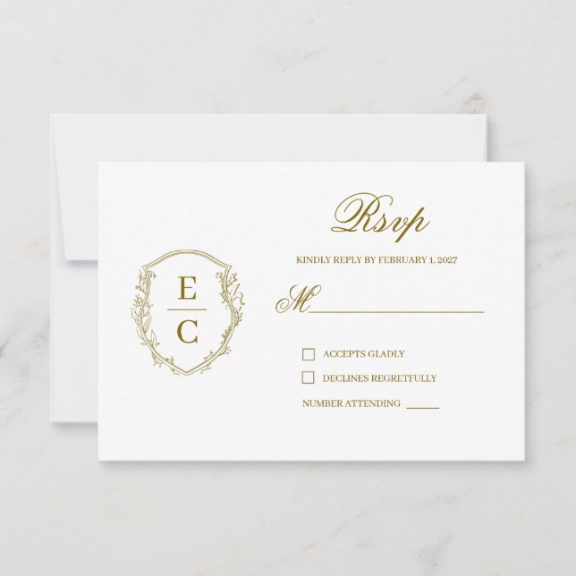 Heritage Monogram Crest Wedding RSVP Bronze Card (Front)