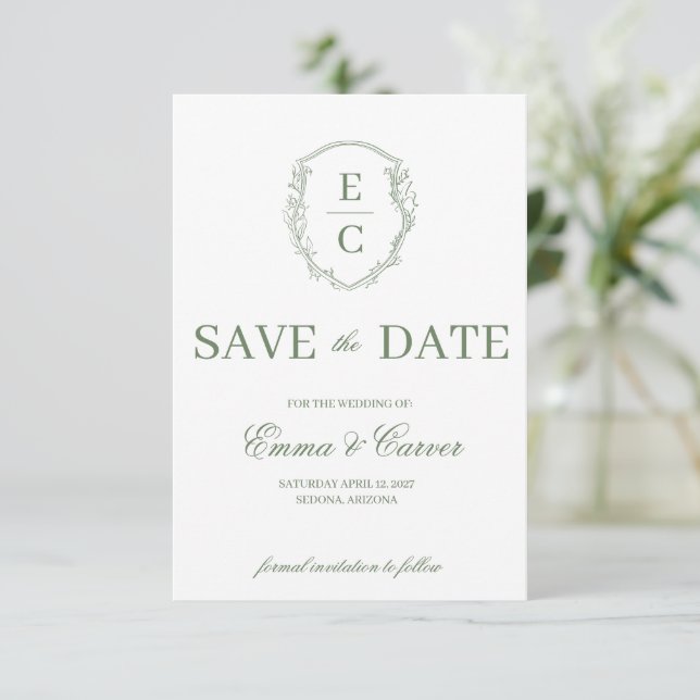 Heritage Monogram Crest Wedding RSVP Sage Save The Date (Standing Front)