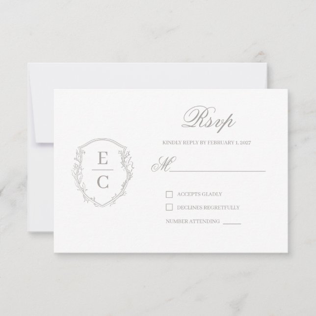 Heritage Monogram Crest Wedding RSVP Taupe Card (Front)