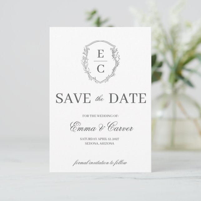 Heritage Monogram Crest Wedding Save the Date Grey (Standing Front)