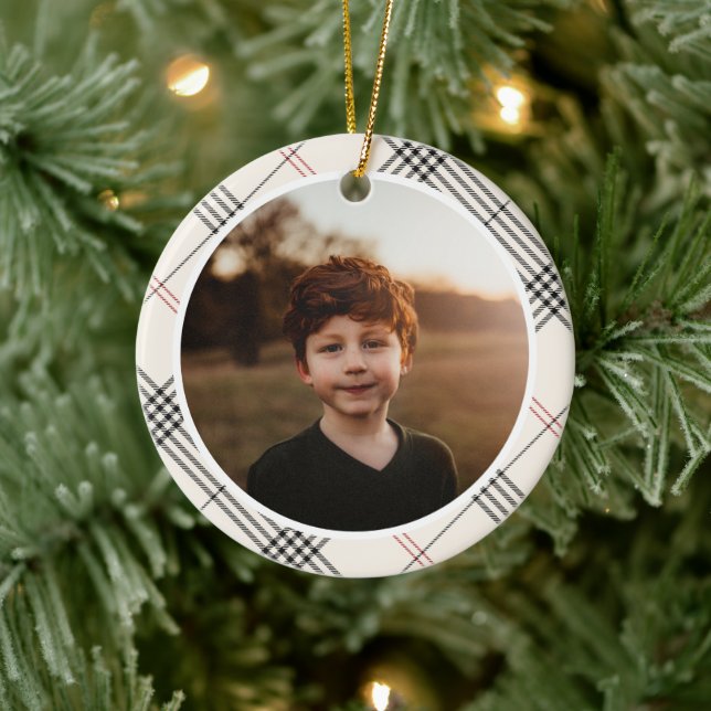 HERITAGE | Neutral Tartan Pattern Photo Ceramic Ornament (Tree)