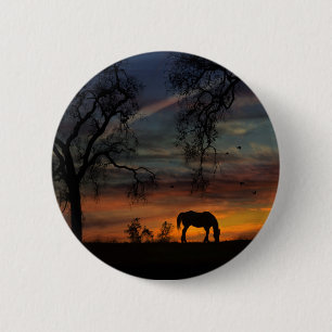 Heritage Oak Trees and Horse In Sunrise Buttons