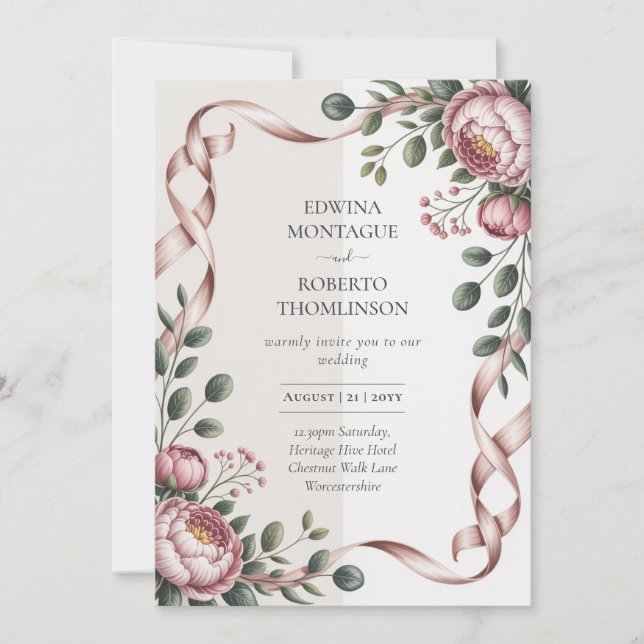 Heritage Peony Ribbon Botanical Elegant Wedding Invitation (Front)