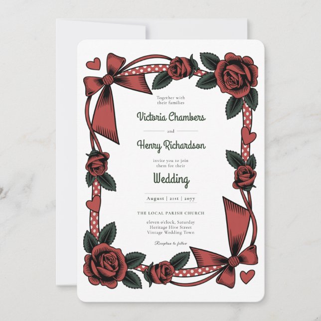 Heritage | Retro 1950s Rockabilly Red Rose Wedding Invitation (Front)
