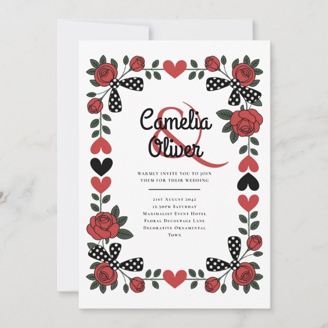 Heritage Retro 1950s Rockabilly Rose Heart Wedding Invitation (Front)