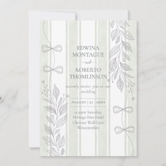 Heritage Sage Botanical Ribbon Line Bows Wedding Invitation
