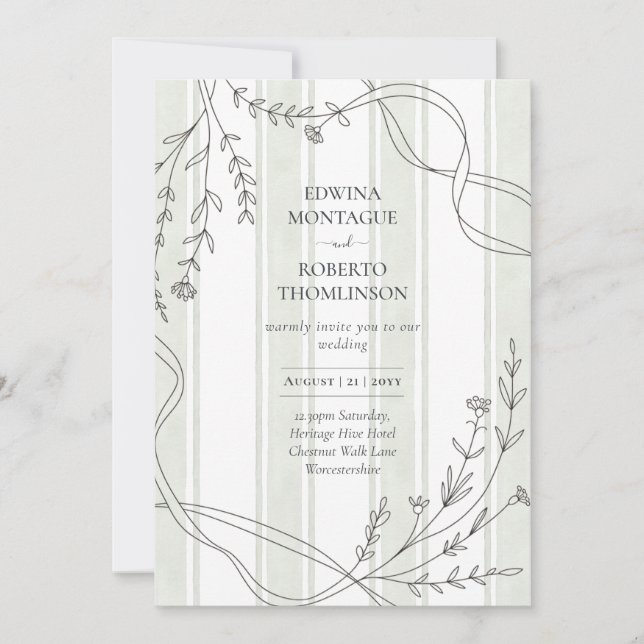 Heritage Stripe & Line Art Botanical Ribbon Weddin Invitation (Front)