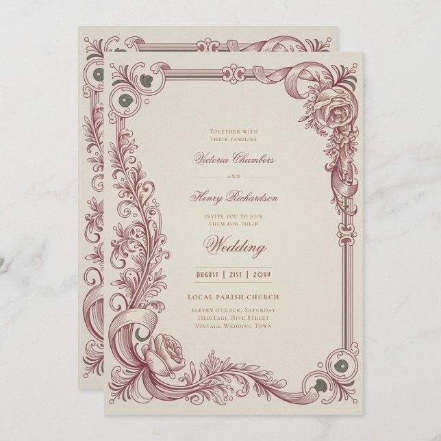 Heritage | Victorian Burgundy Scrollwork Wedding Invitation (Front/Back)