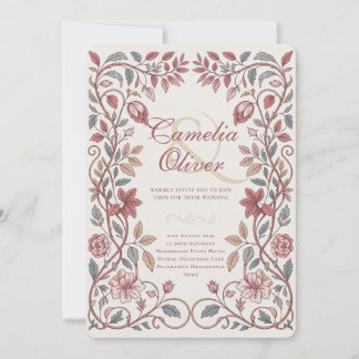 Heritage Victorian Floral Terracotta Blue Wedding Invitation