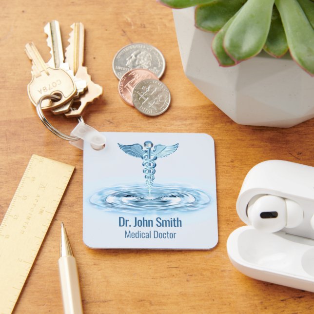 Hermes Rod Caduceus Blue Water Ripples Medical Keychain (Desk)