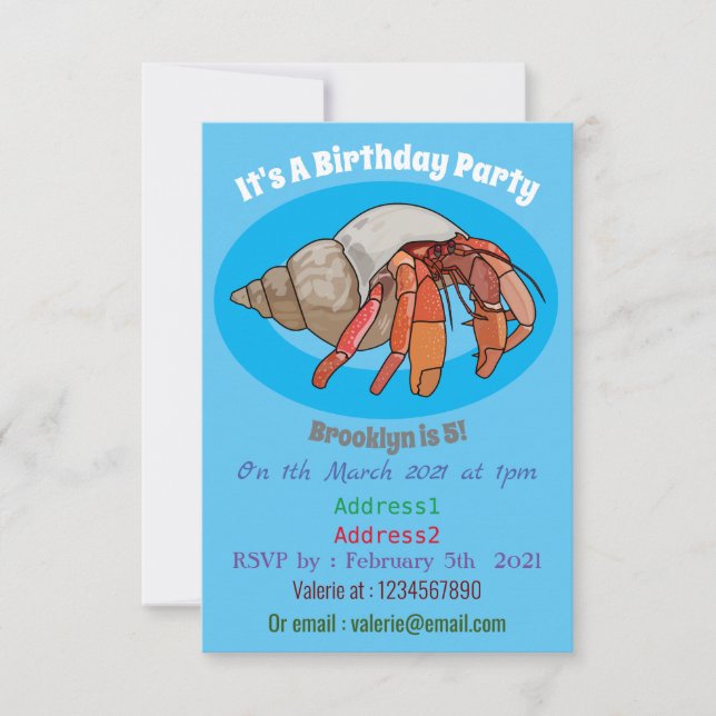 Hermit crab cartoon illustration invitation (Front)