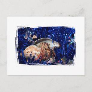 Hermit Crab Christmas Design Against Blue Tinsel Holiday Postcard