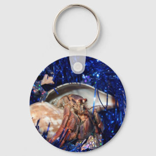Hermit crab with blue Christmas Holiday tinsel Keychain