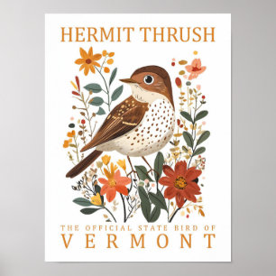 Hermit Thrush Bird of Vermont Travel Poster