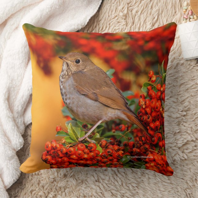 Hermit Thrush Songbird on the Scarlet Firethorn Throw Pillow (Blanket)