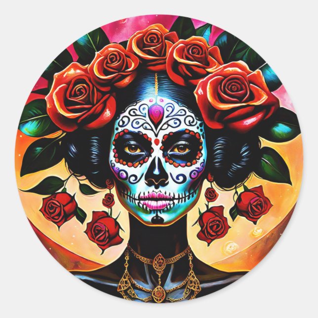Hermosa Rose Sugar Skull Sticker Day of the Dead  (Front)