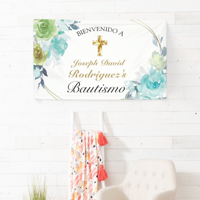 Hermoso Azul Floral Oro Cruz Bautismo Bienvenido Banner (Insitu)