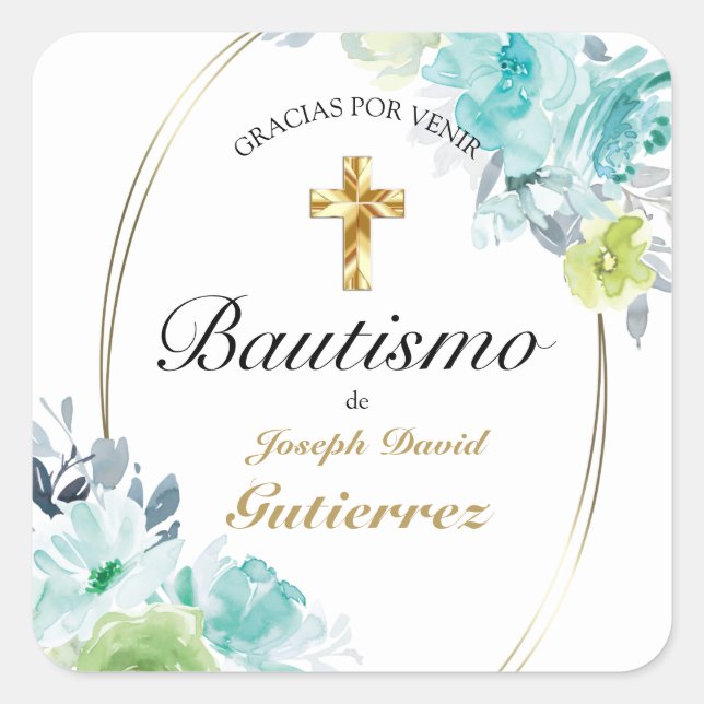 HERMOSO BAUTIZO BEBÉ CRUZADO DE ORO FLORAL AZUL   SQUARE STICKER (Front)