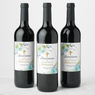 HERMOSO BAUTIZO BEBÉ CRUZADO DE ORO FLORAL AZUL WINE LABEL