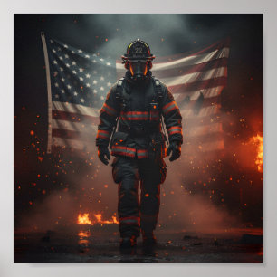 Hero Firefighter Poster American Flag Firefighter 