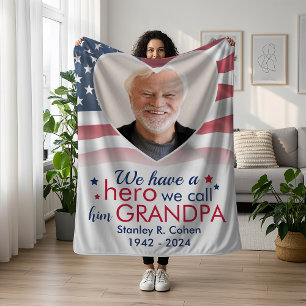 Hero Grandpa Veteran Personalized America Flag Fleece Blanket