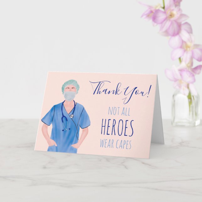 Heroes nurse illustration blue pink thank you card (Orchid)