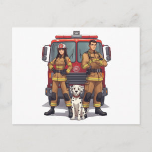 Heroic Firefighter Duo and Dalmatian Postcard