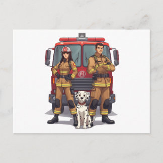 Heroic Firefighter Duo and Dalmatian Postcard