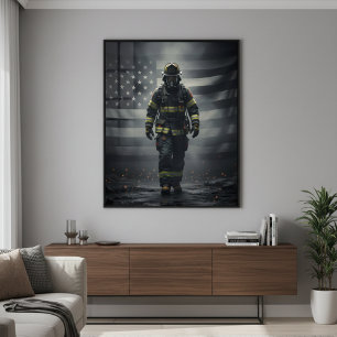 Heroic Firefighter Walking Through Smoke poster