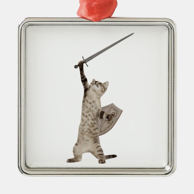 Heroic Warrior Knight Cat Metal Ornament (Front)