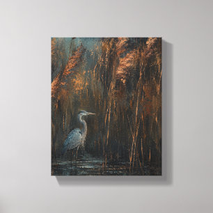 Heron Among Copper Reeds Moody Wildlife Canvas Pri Print